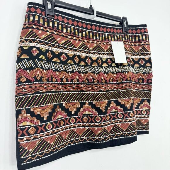 H&M Black Rust Orange Tribal Aztec Embroidered Breaded Mini Statement Skirt NEW - Picture 5 of 16